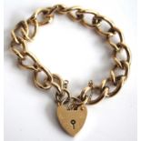 A 9ct gold curblink bracelet, having heart shaped padlock clasp and safety chain, 32.5g, length 19cm