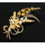 A 9ct yellow gold, citrine and pearl foliate spray brooch, featuring six 3.39 to 4mm round