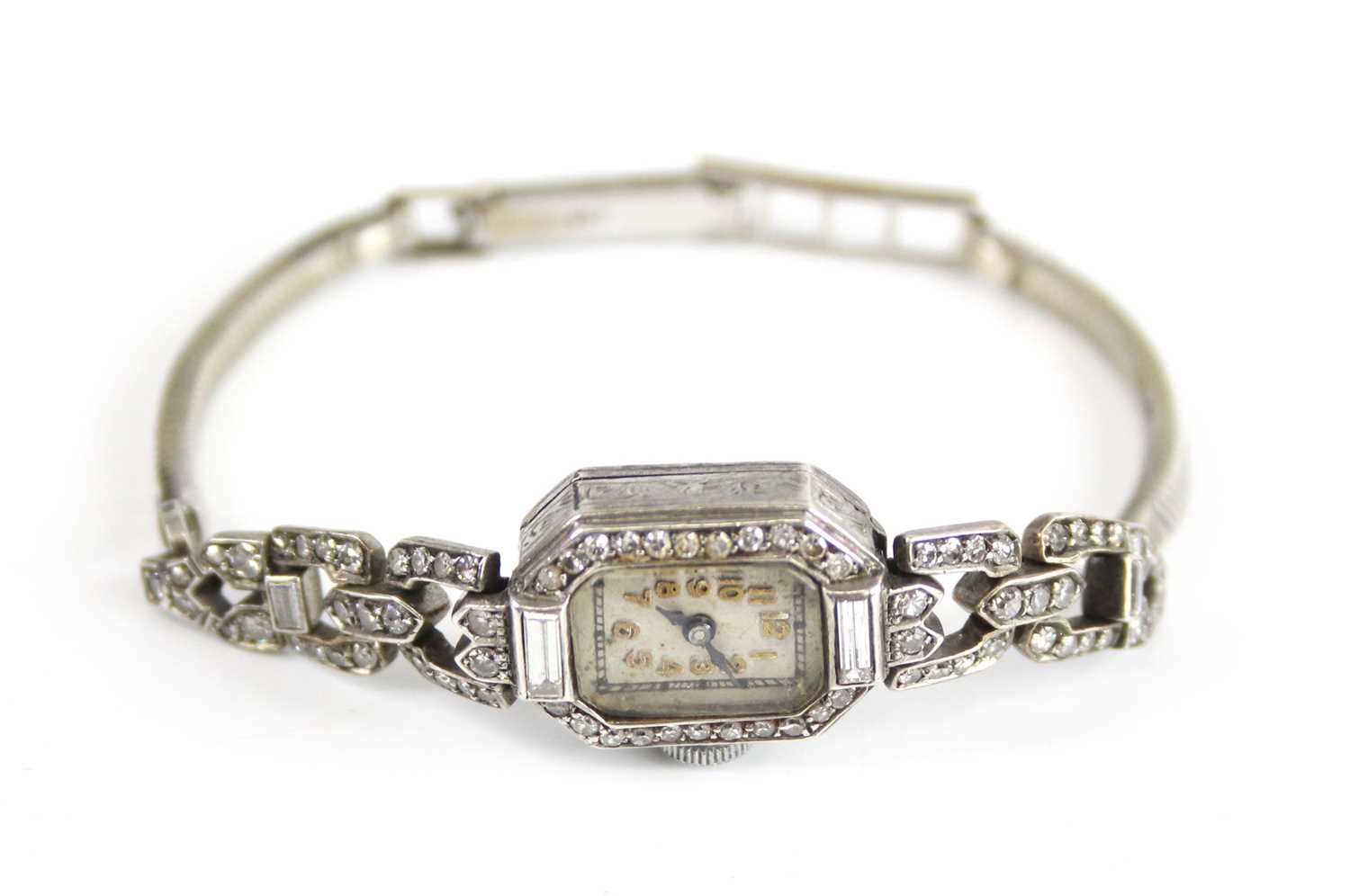 A white metal diamond set Art Deco lady's manual wind cocktail watch, having an octagonal cream - Image 3 of 5