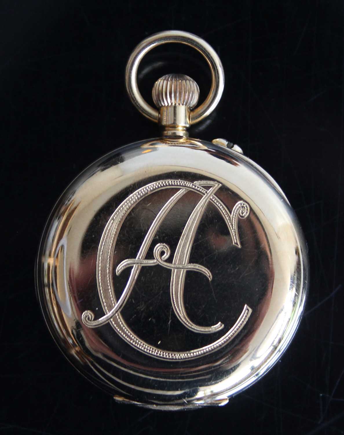 An 18ct gold keyless open faced pocket watch with round white Roman dial and case back engraved with - Image 2 of 8