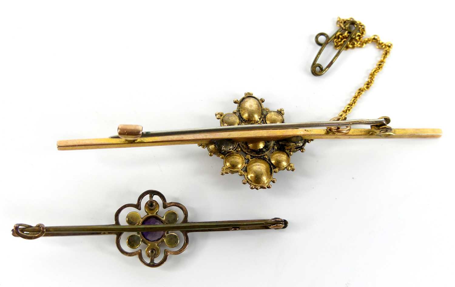 Two yellow metal bar brooches, the first designed as an amethyst, turquoise and pearl quatrefoil - Image 2 of 2