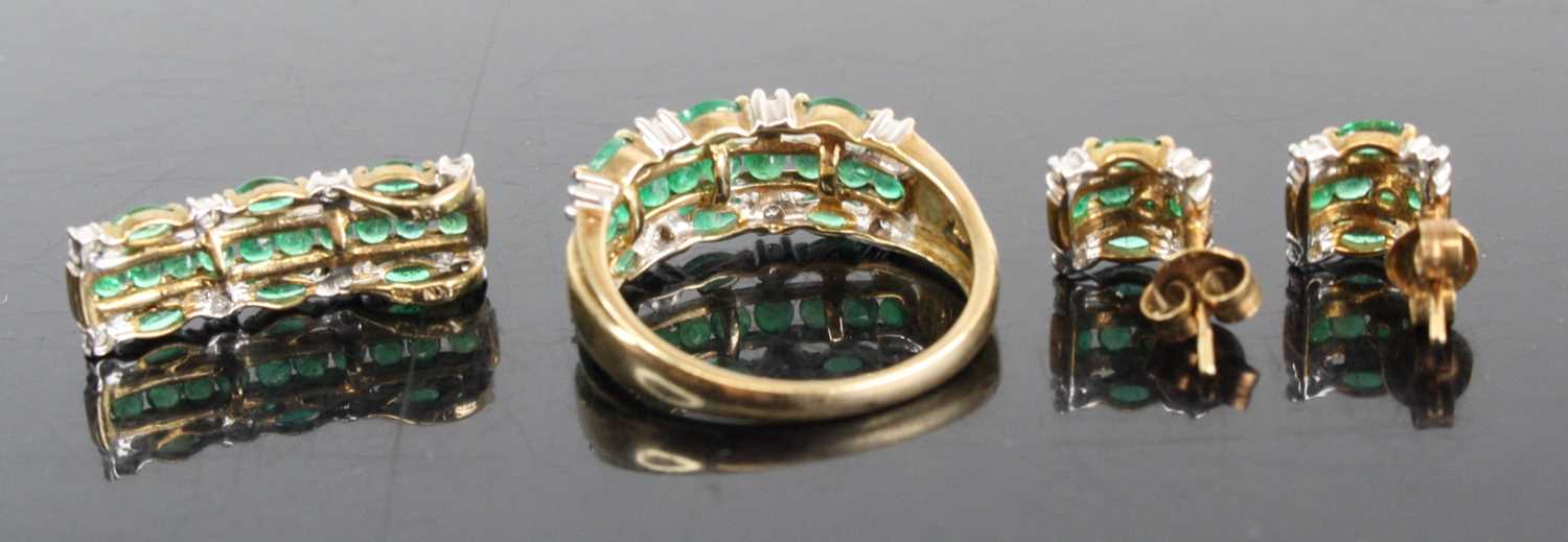 A 9ct gold emerald and diamond garniture comprising half hoop ring, pendant, and pair ear studs, the - Image 3 of 3