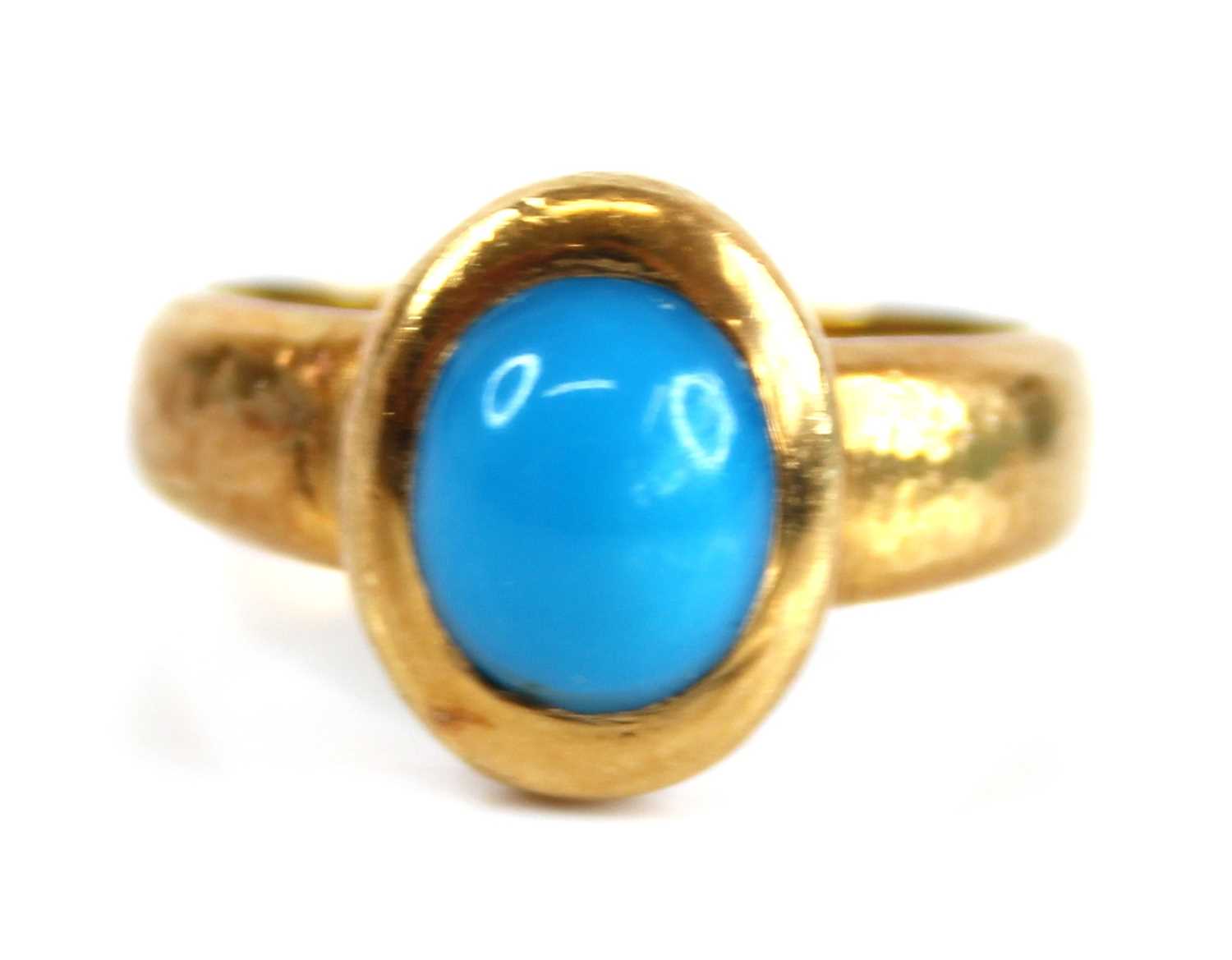 An Arts & Crafts yellow metal cabochon turquoise set dress ring, the turquoise measuring approx 7. - Image 2 of 7