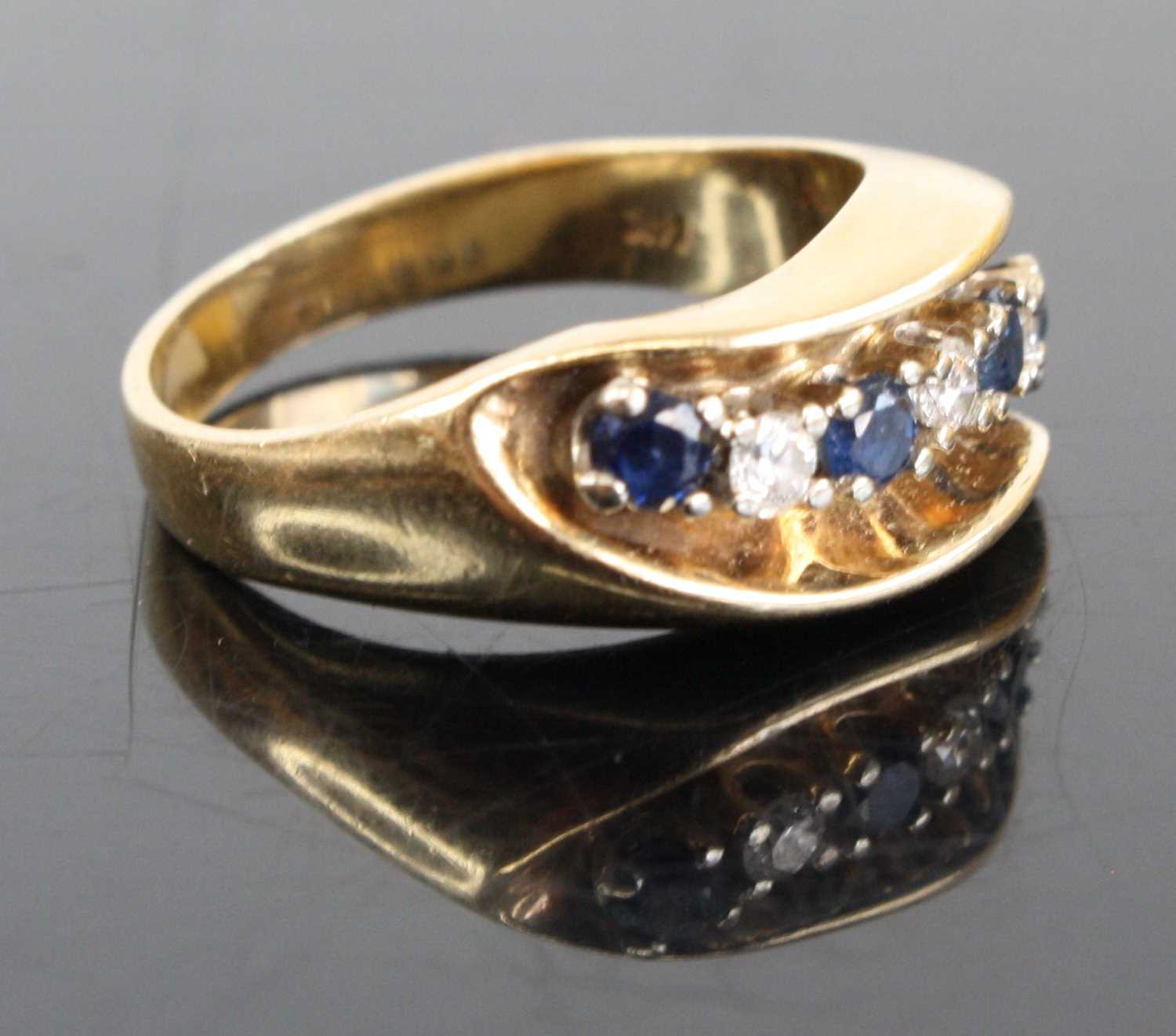 A 14ct gold sapphire and diamond half hoop ring arranged as seven alternating stones, total - Image 2 of 4