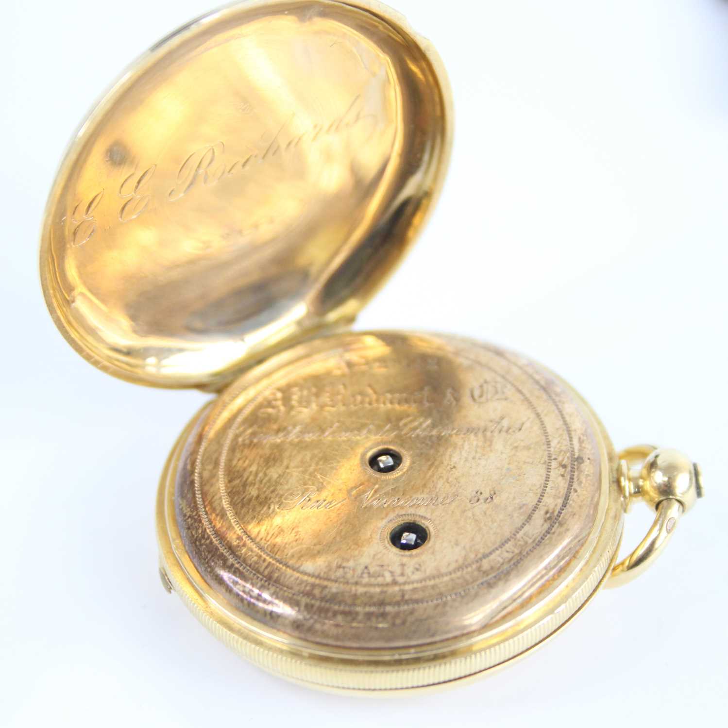 A 18ct gold lady's full hunter keywind pocket watch, having engraved case and white Roman dial, - Image 6 of 10