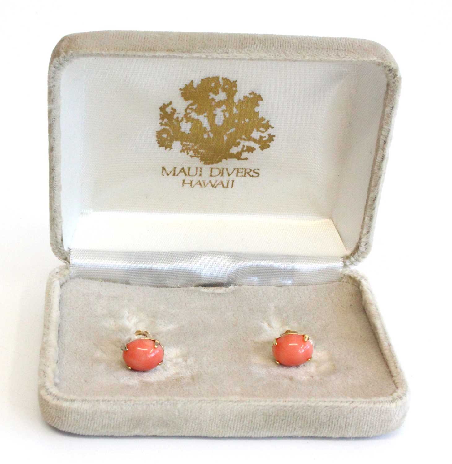 A pair of Hawaiian yellow metal and coral set ear studs, stamped 12k and tested as approx 12ct gold, - Image 4 of 4