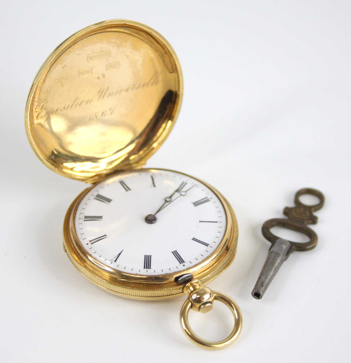 A 18ct gold lady's full hunter keywind pocket watch, having engraved case and white Roman dial,