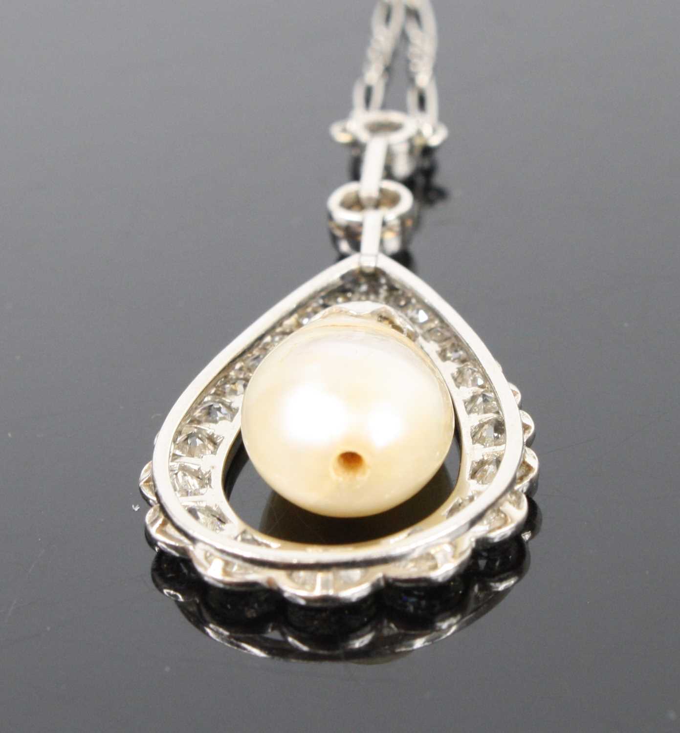 A white metal articulated pearl and diamond pear shaped cluster pendant, comprising a 16.5 x 10.15mm - Image 6 of 14