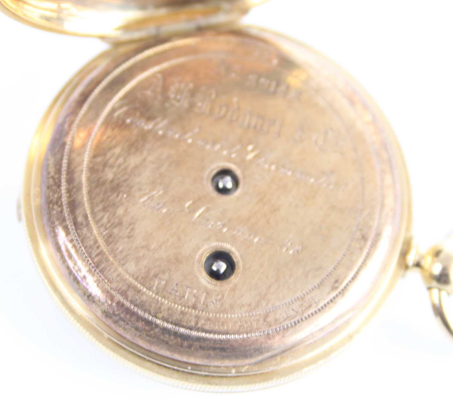 A 18ct gold lady's full hunter keywind pocket watch, having engraved case and white Roman dial, - Image 7 of 10