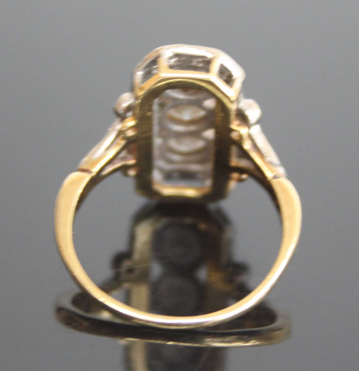 An 18ct yellow and white gold Art Deco style panel ring comprising 3 round brilliant cut diamonds in - Image 4 of 7