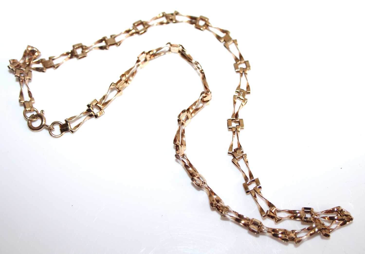 A yellow metal fancy link necklace, stamped 375 and tests as approx 9ct gold, 5.1g, length 38cm - Image 2 of 3