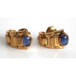 David Vangelder of Paris - a pair of 18ct yellow gold and cabochon sapphire set ear studs, each on