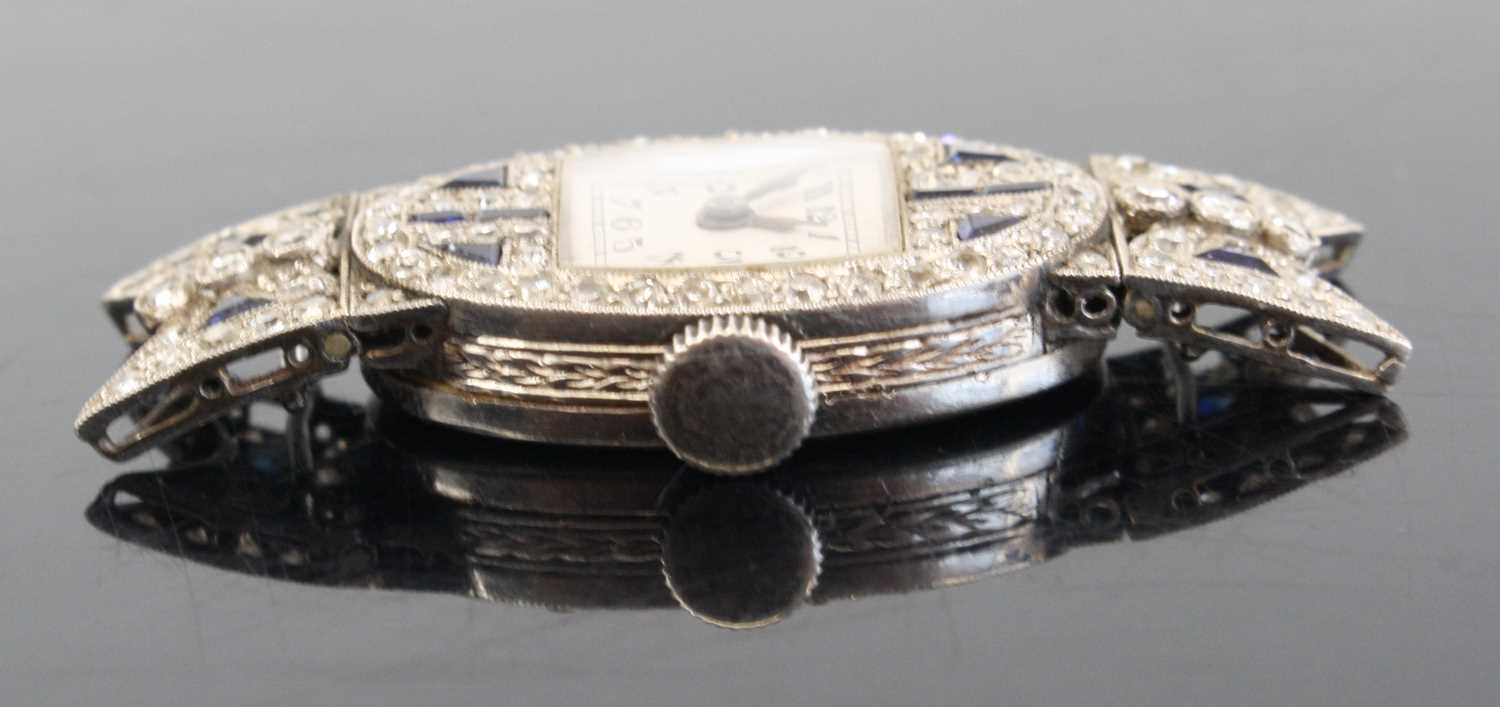 An Art Deco platinum sapphire and diamond set cocktail watch having a signed silvered Arabic dial - Image 4 of 5