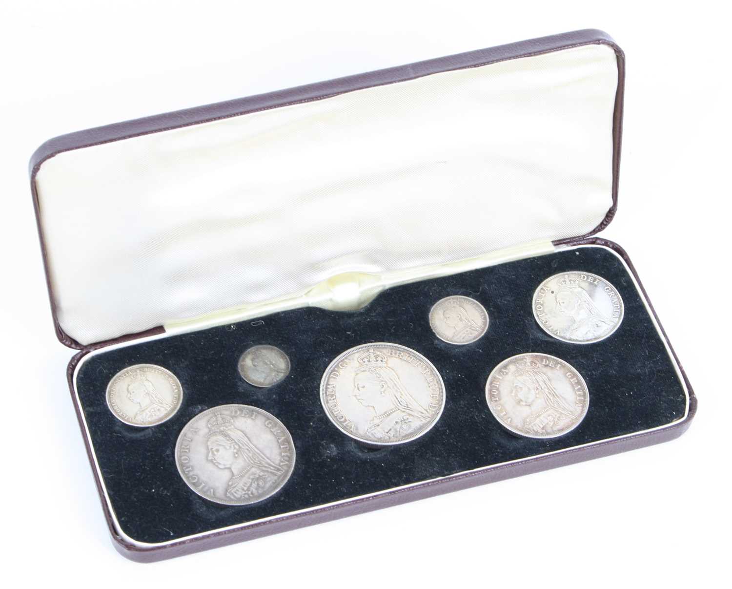 Great Britain, 1887 Victoria Jubilee Specimen Set, seven silver coins, crown to threepence, in