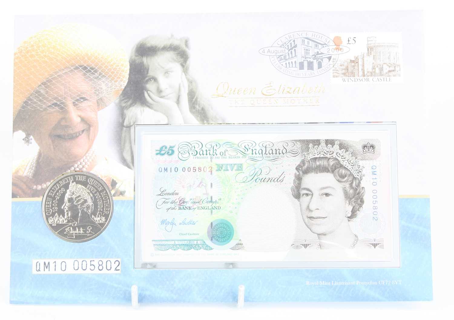 The Royal Mint, 2000 Queen Elizabeth The Queen Mother commemorative cover to include £5 note