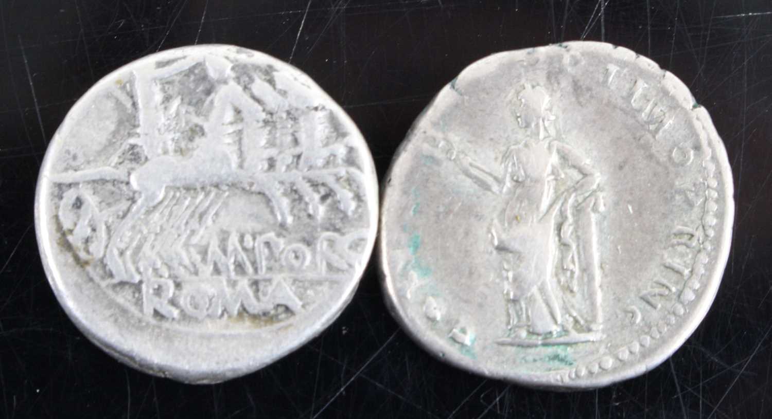 Roman Republic, silver denarius 125 BC, M. Porcius Laeca, obv: helmeted head of Roma, (XVI in - Image 2 of 3