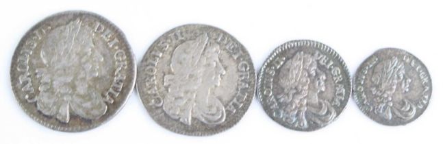 England, Charles II 1681 Maundy money 4d to 1d, obv: Charles II laureate and draped bust right, rev: