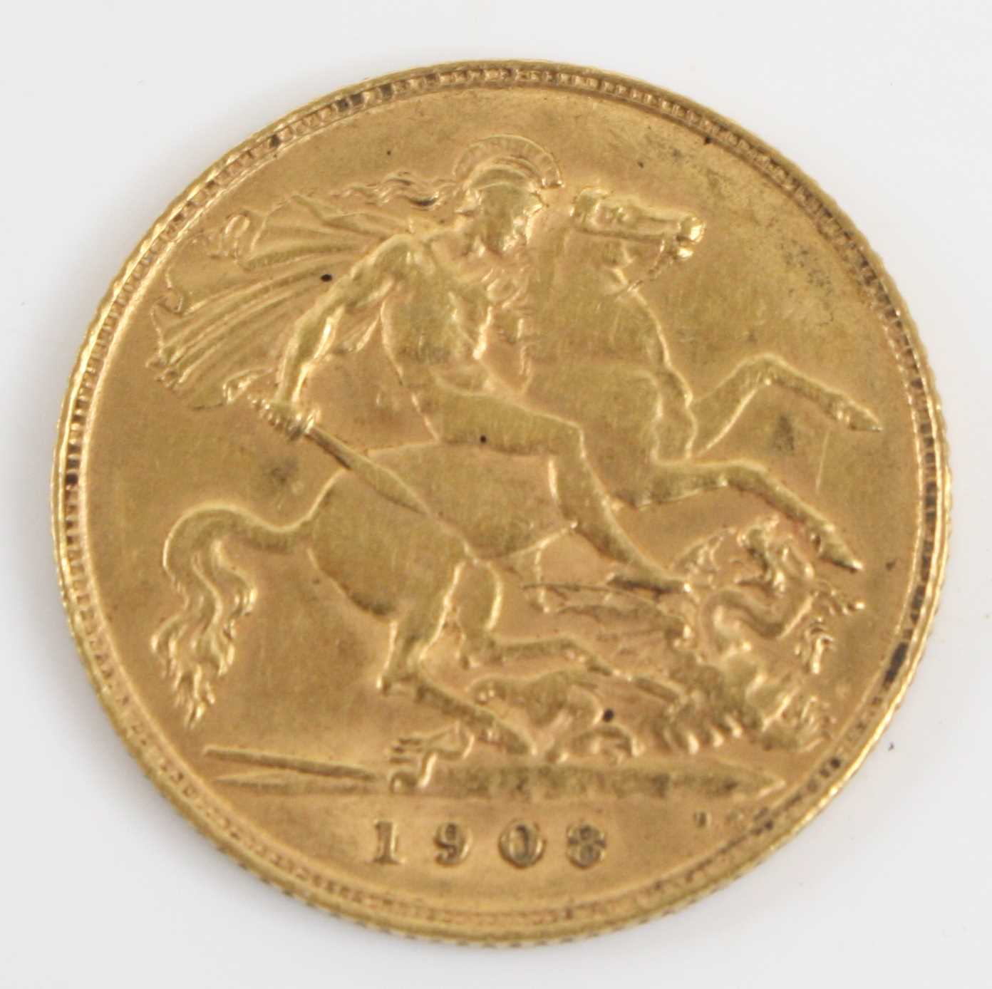 Great Britain, 1908 gold half sovereign, Edward VII, rev: St George and Dragon above date. (1) - Image 2 of 2