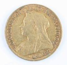 Great Britain, 1894 gold full sovereign, Victoria veiled bust, rev: St George and Dragon above