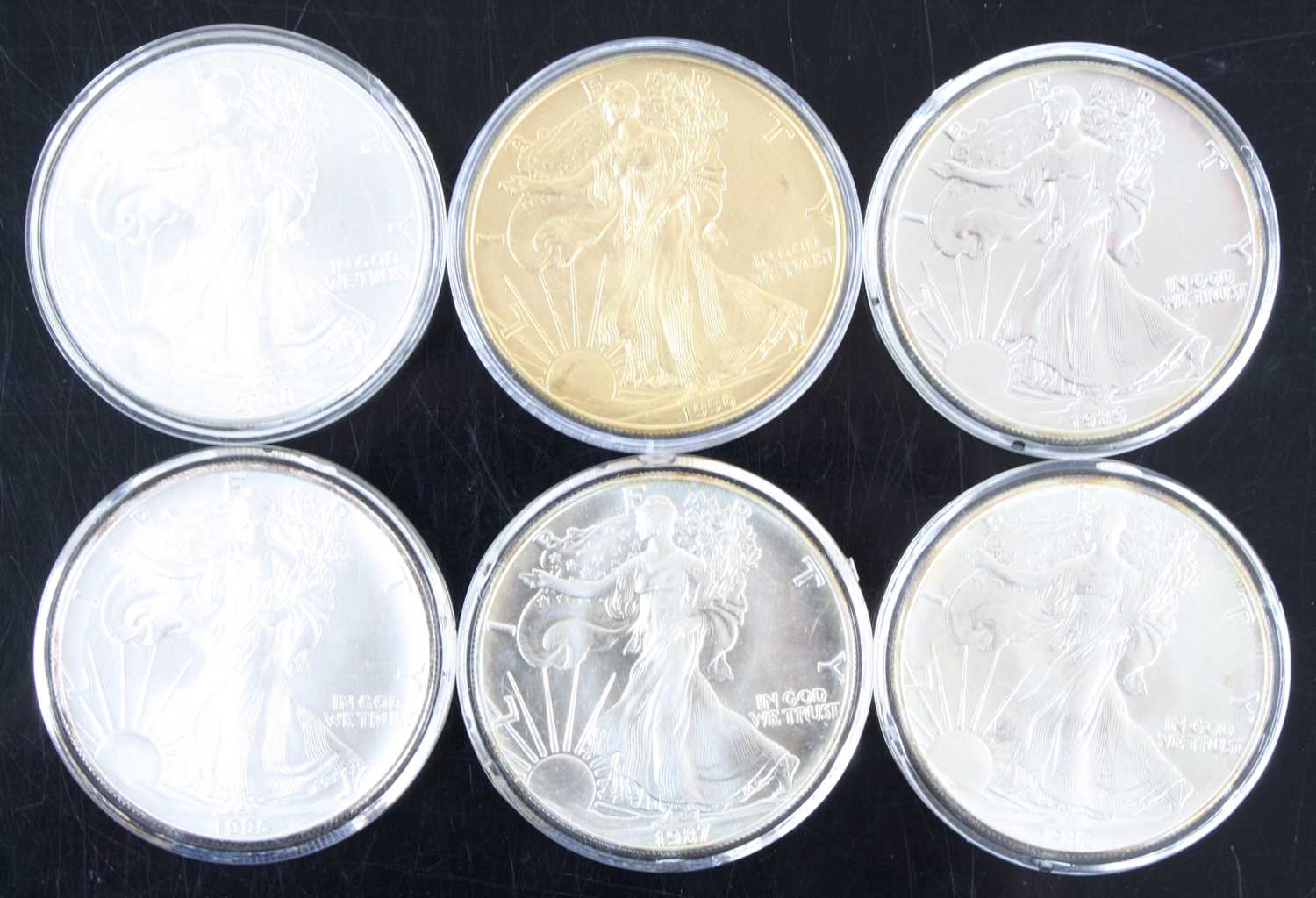 United States of America, a collection of six 1oz fine silver dollars, dates to include 1986,