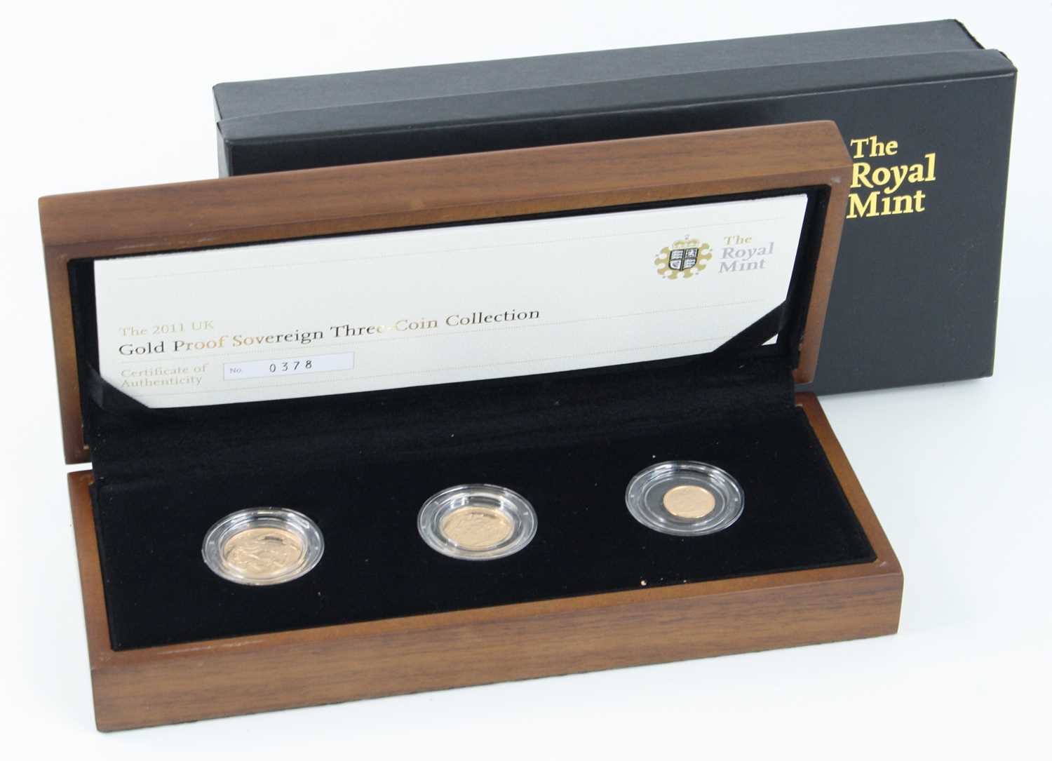 The Royal Mint, 2011 UK Gold Proof Sovereign Three-Coin Collection, full, half and quarter