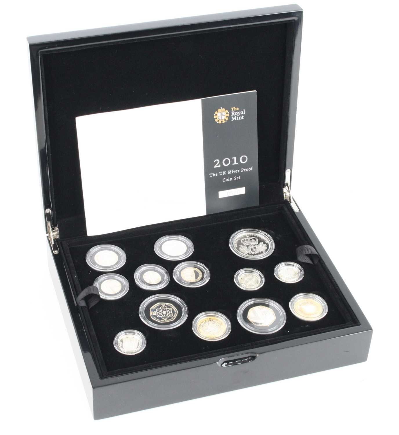 The Royal Mint, 2010 The UK Silver Proof Coin Set, thirteen silver proof coins five pounds to five