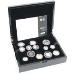 The Royal Mint, 2010 The UK Silver Proof Coin Set, thirteen silver proof coins five pounds to five