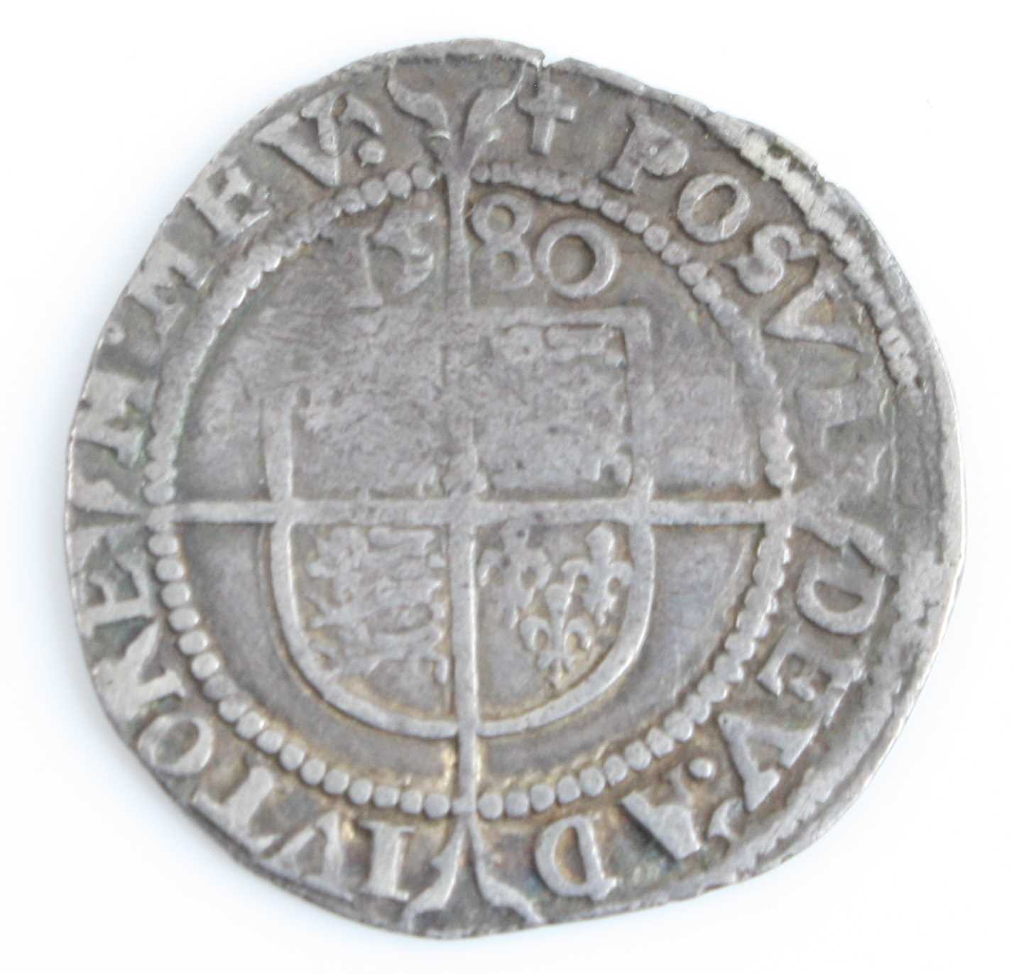 England, 1580 threepence, 5th issue 1578-1582, mm Latin Cross, obv: fifth crowned bust of Queen - Image 2 of 2