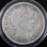 United States of America, 1906 Barber half dollar, obv: Liberty bust right, date below, 13 stars