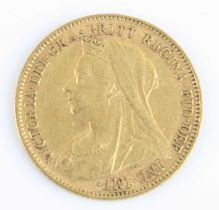 Great Britain, 1901 gold half sovereign, Victoria veiled bust, rev: St George and Dragon above date.