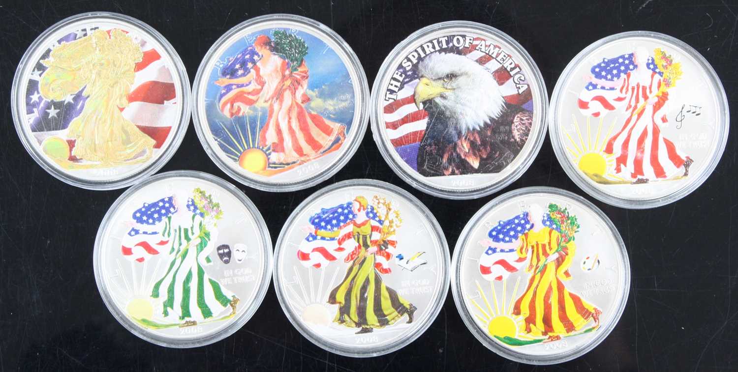 United States of America, a collection of eight colourised 1oz fine silver dollars, one dated 2007