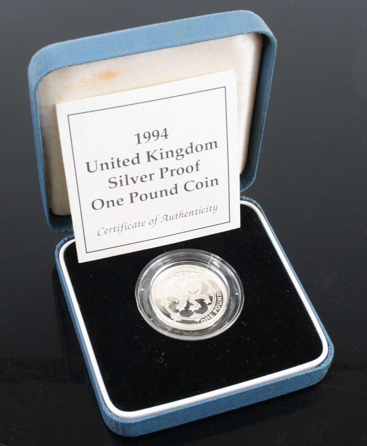 United Kingdom, 1994 Silver Proof One Pound Coin, Elizabeth II, rev: Scottish lion above
