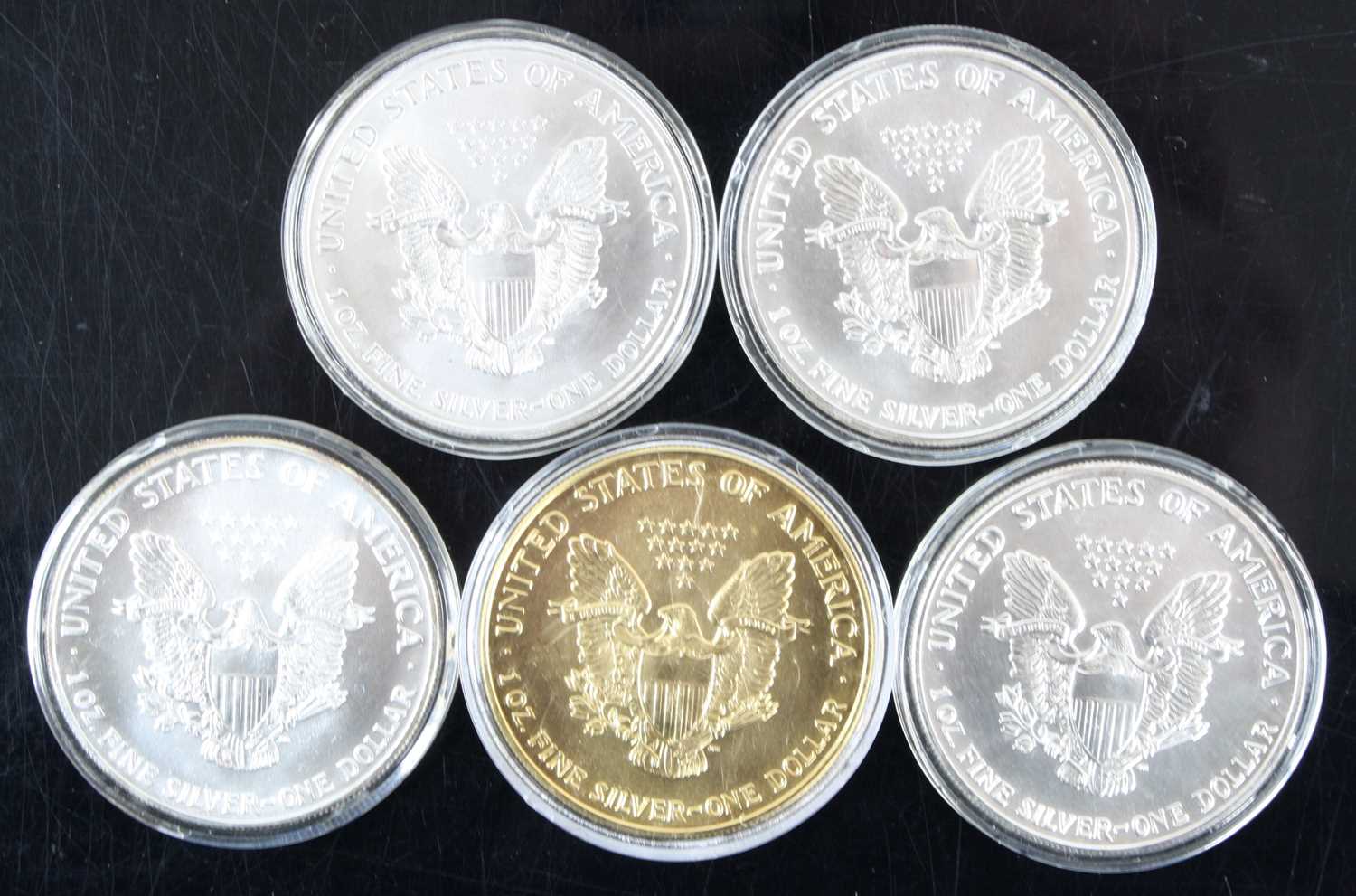United States of America, a collection of five 1oz fine silver dollars, dates to include 1990-1993 - Image 2 of 2
