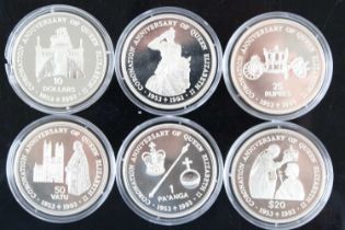 The Royal Mint, 1993 Coronation Anniversary, six silver proof crowns to include Tuvalu, Tonga,