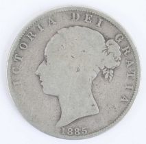 Great Britain, 1885 half crown, Victoria young bust, rev: crowned quartered shield within wreath,