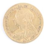 Great Britain, 1899 gold half sovereign, Victoria veiled bust, rev: St George and Dragon above date.