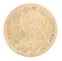 Great Britain, 1899 gold half sovereign, Victoria veiled bust, rev: St George and Dragon above date.