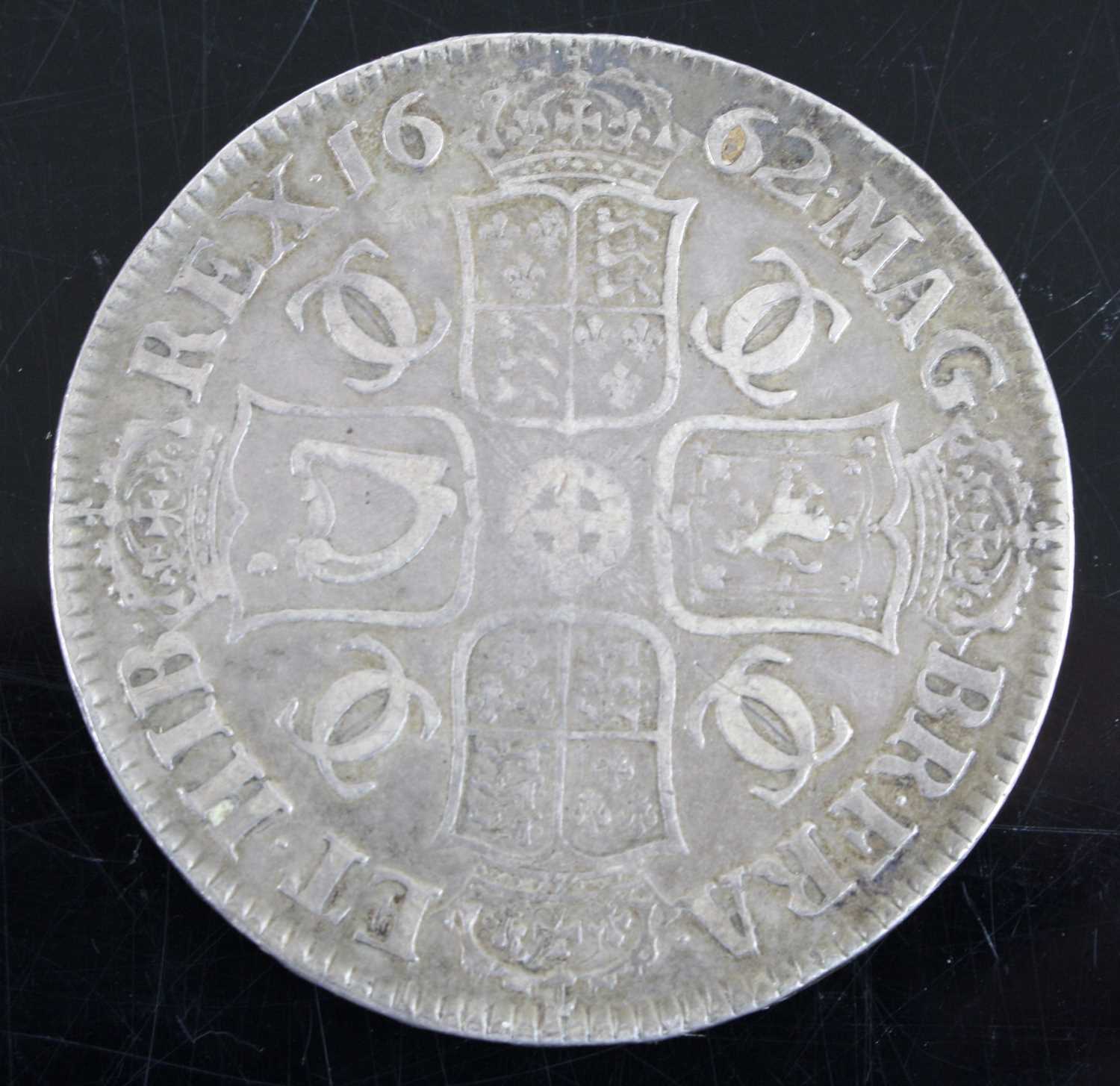 England, 1662 crown, Charles II laureate and draped bust above rose, rev. crowned cruciform shields, - Image 2 of 2