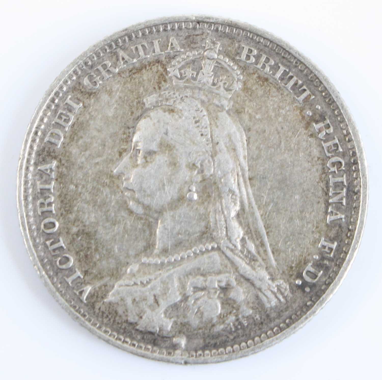 Great Britain, 1887 shilling, Victoria jubilee bust, rev: crowned quartered shield within garter,