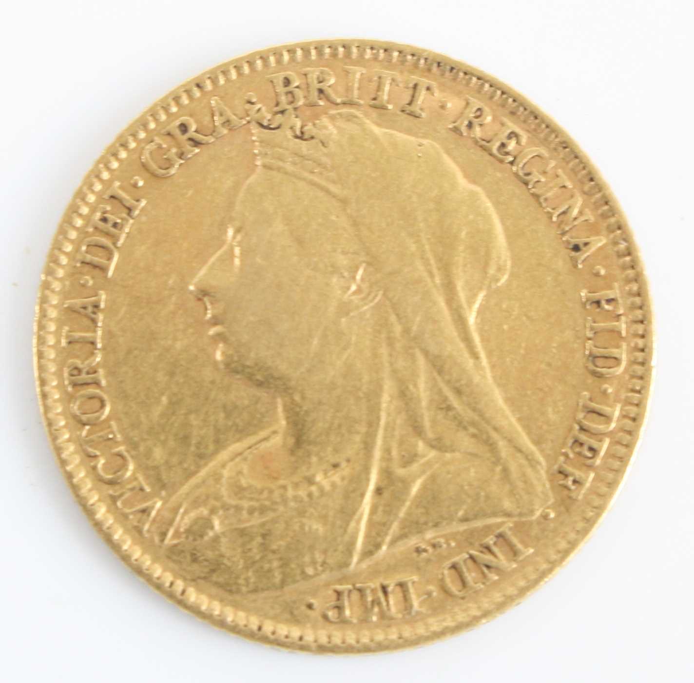 Great Britain, 1896 gold half sovereign, Victoria veiled bust, rev: St George and Dragon above date.