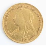 Great Britain, 1896 gold half sovereign, Victoria veiled bust, rev: St George and Dragon above date.
