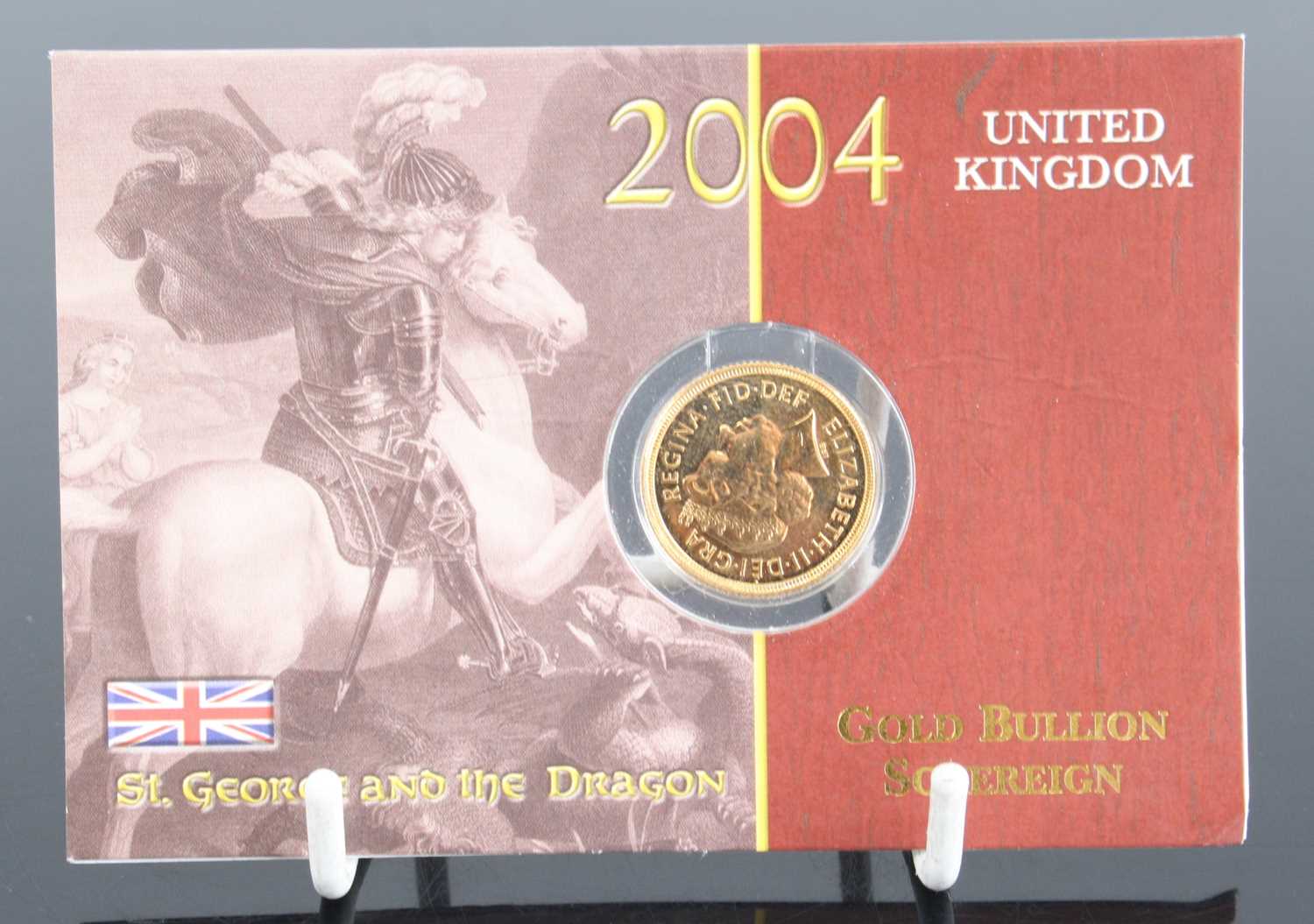 Great Britain, 2004 gold full sovereign, Elizabeth II, rev: St George and Dragon above date, card