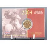 Great Britain, 2004 gold full sovereign, Elizabeth II, rev: St George and Dragon above date, card