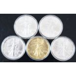 United States of America, a collection of five 1oz fine silver dollars, dates to include 1990-1993