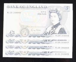 Great Britain, Bank of England, a consecutive run of four £5 notes, serial numbers RL25 209906-09,