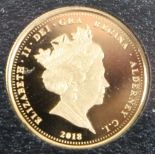 Alderney, 2018 gold quarter sovereign, Elizabeth II wearing the Diamond Diadem Crown, rev: Elizabeth