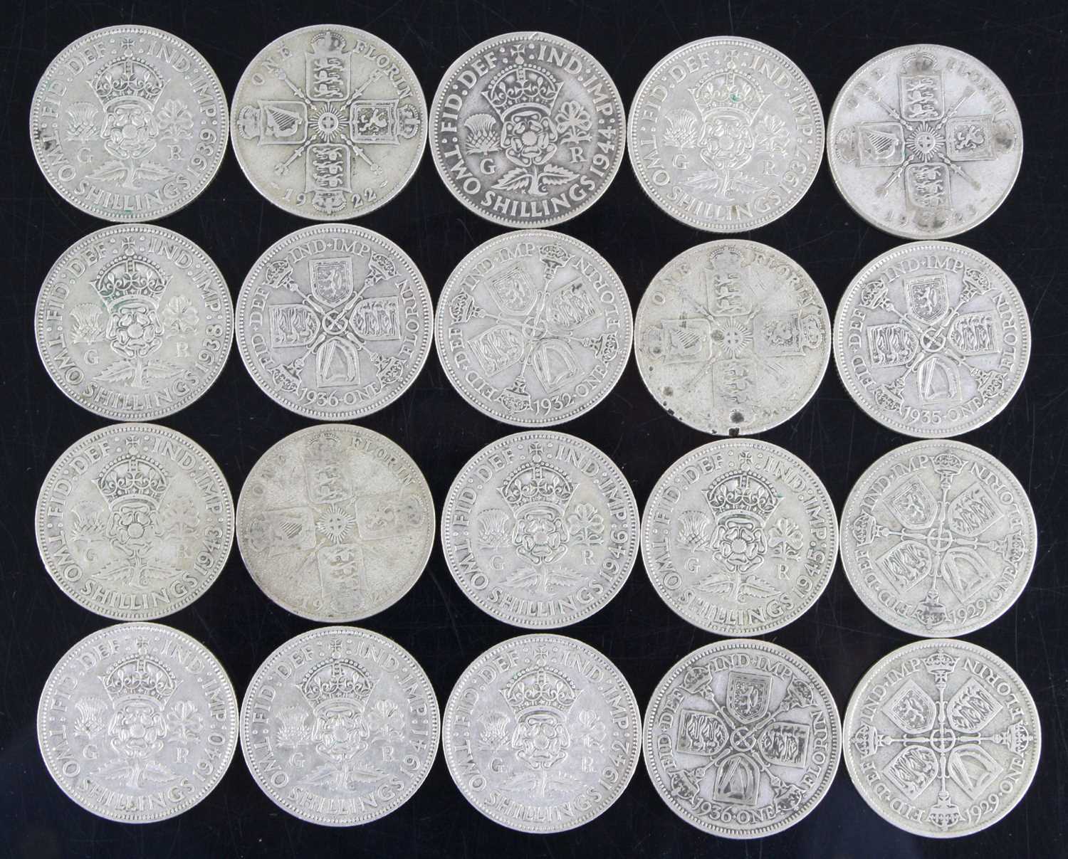 Great Britain, a collection of pre-1947 coins to include florins/two shillings x20, shillings x24