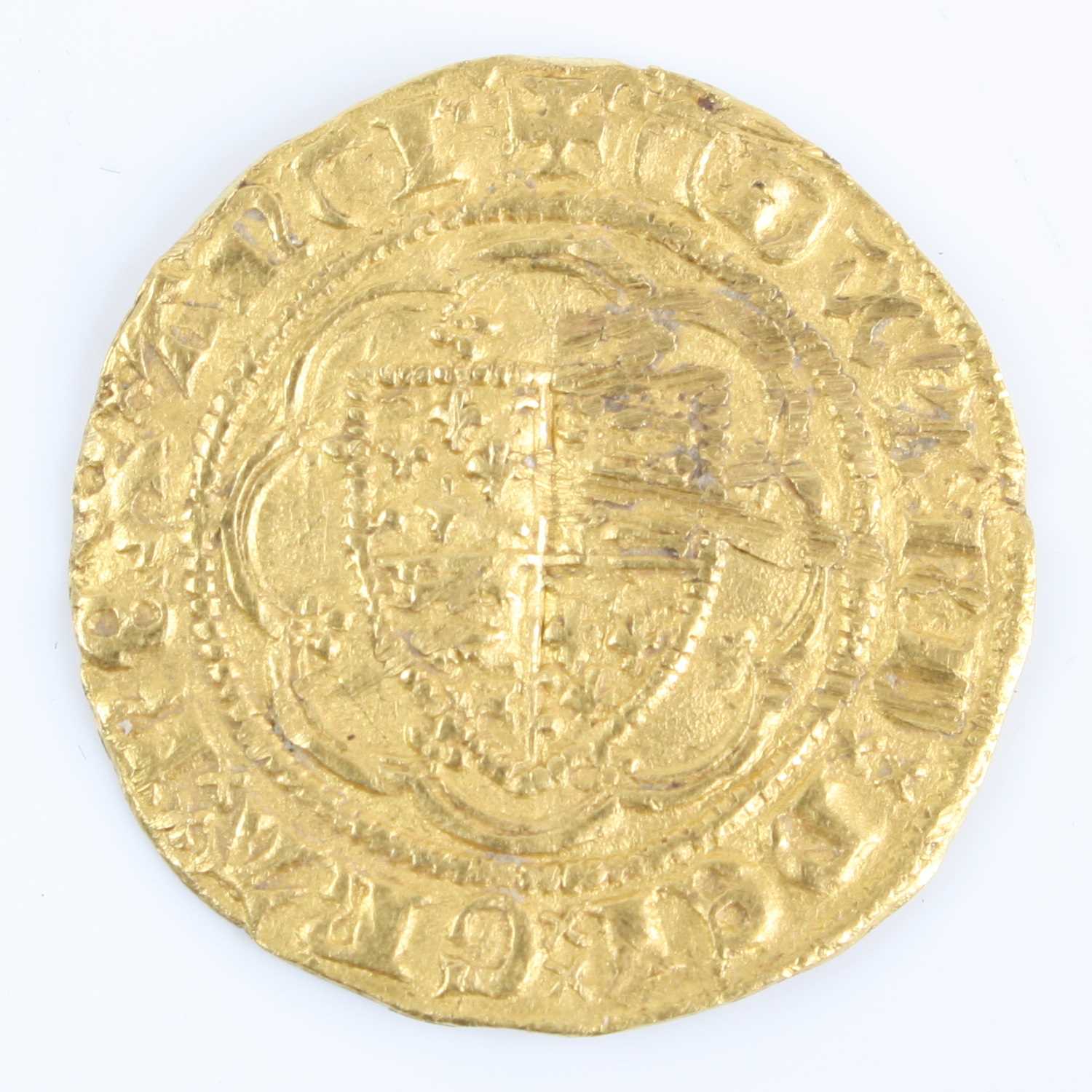 England, Edward III (1327-77), gold quarter noble, transitional treaty 1361 4th coinage, obv;