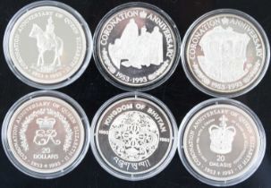 The Royal Mint, 1993 Coronation Anniversary, six silver proof crowns to include Turks and Caicos