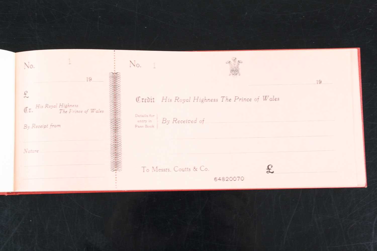 A 20th century Coutts & Co. cheque book, the covers in red cloth with gilt tooled title "His Royal - Image 2 of 4